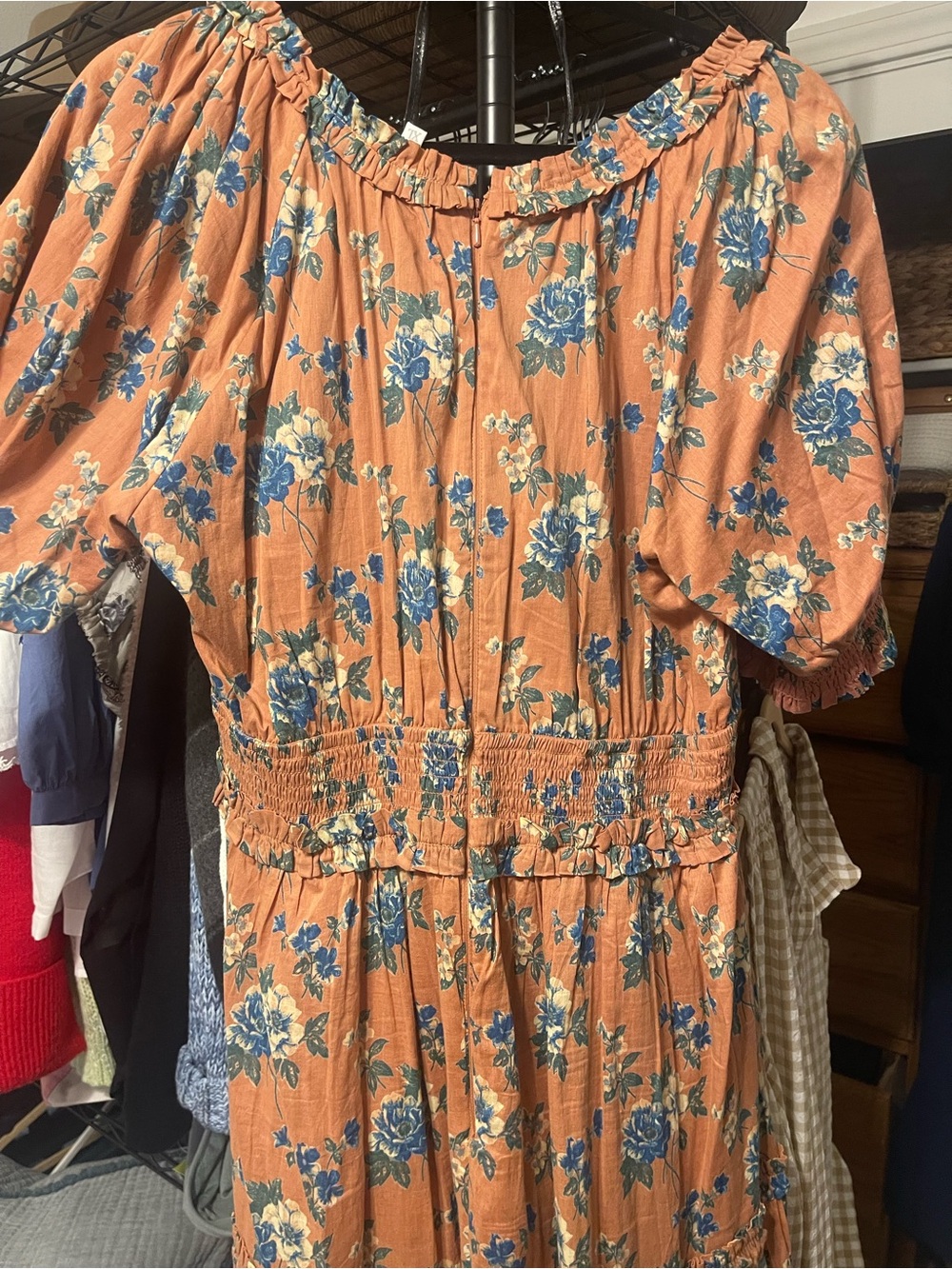 Ivy City Co Elena Floral Smocked Waist Midi Dress in Peach with Blue Blooms - Picture 2 of 4